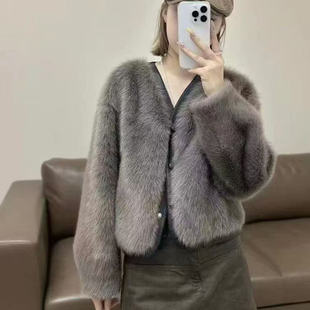 皮毛一体仿水貂毛厚外套女25年冬新款小个子短款环保皮草毛绒上衣