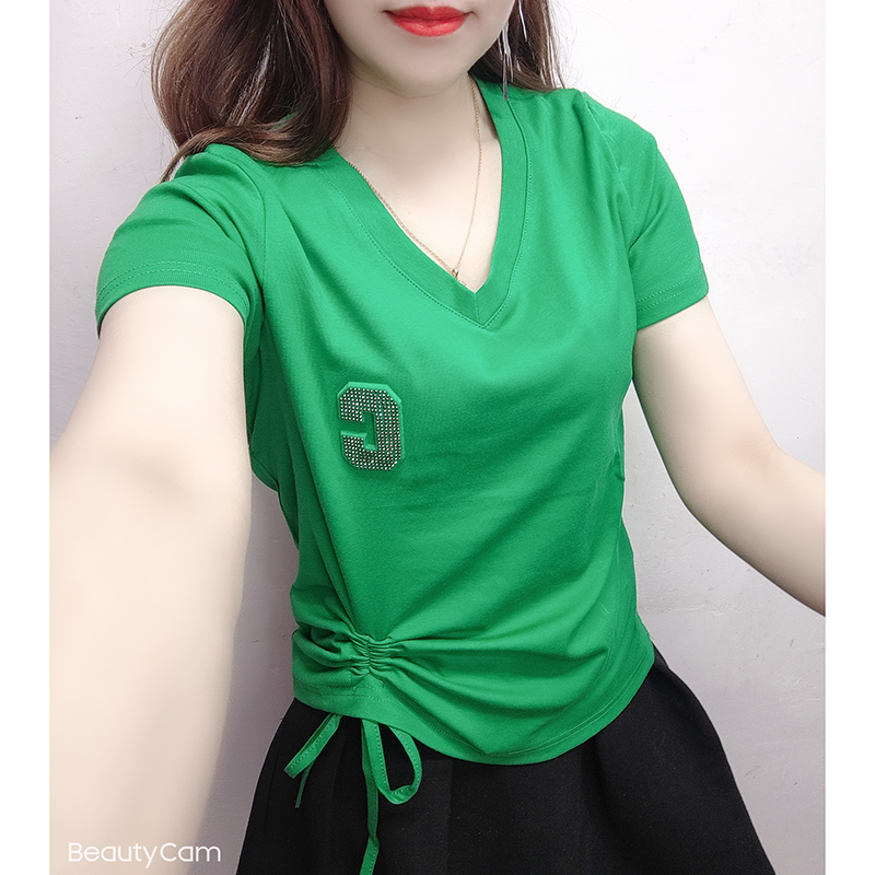 抽褶系带不规则t恤女2025夏季新绿色抽绳打底衫超火显瘦短袖上衣