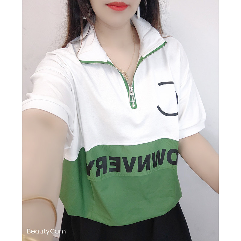 2026夏季新款短袖立领印花宽松卫衣拼接上衣T恤半袖大码百搭女装