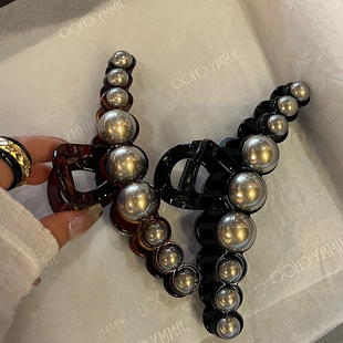 灰珍珠抓夹鲨鱼夹发抓后脑勺复古盘发发卡女头饰 美到心巴上