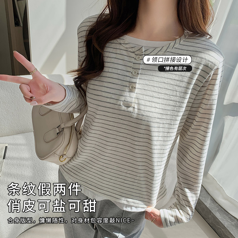 韩系亨利领假两件条纹长袖T恤女图片