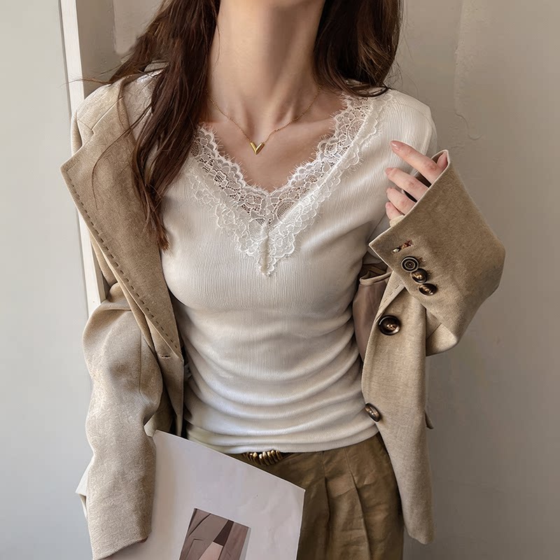 辣妹蕾丝拼接V领打底衫上衣女春秋冬季加绒收腰内搭设计感长袖T恤