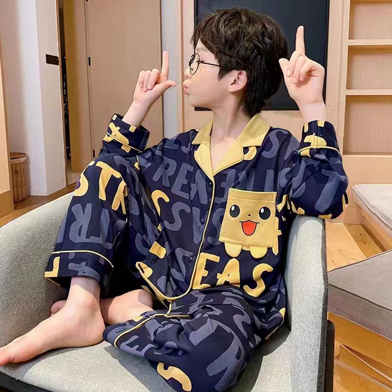 春秋季男童长袖学生儿童睡衣中大童卡通帅气薄款纯棉家居服可外穿