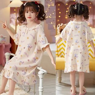 2026新款儿童睡衣女童睡裙夏季纱布纯棉短袖薄款家居服中大童女孩