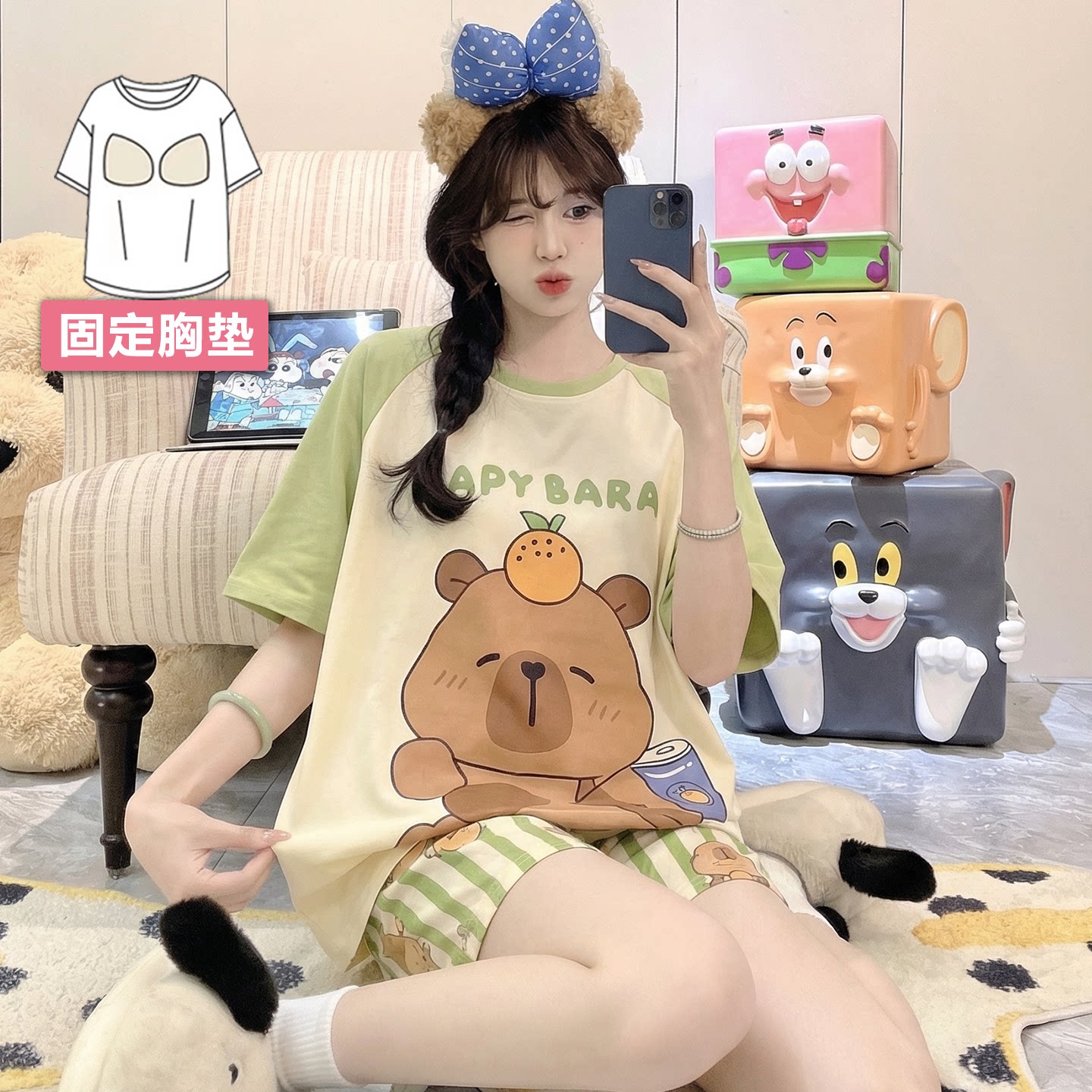 网红ins风短袖睡衣女带胸垫夏季卡通休闲宽松大码薄款家居服套装