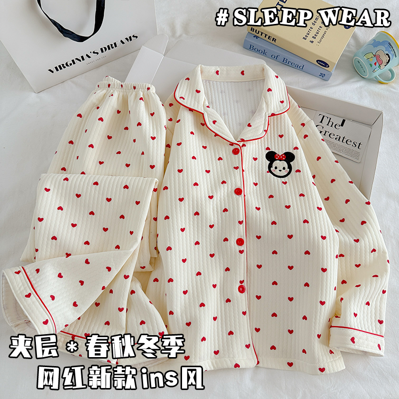 网红夹层睡衣长袖女士空气棉套装保暖春秋季简约ins风家居服翻领