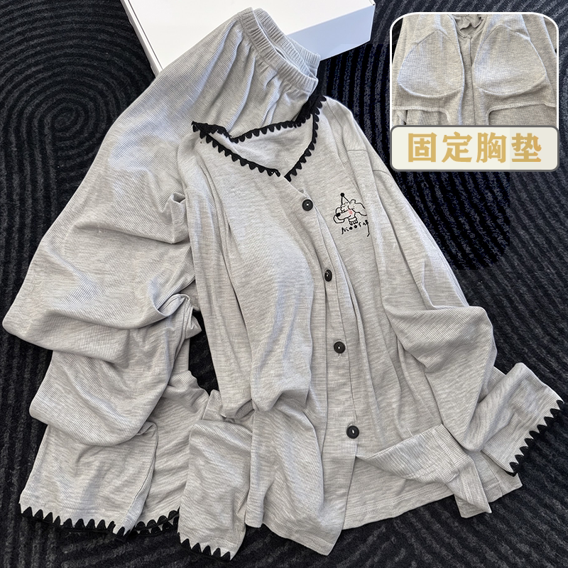 莫代尔春秋薄款带胸垫女睡衣套装