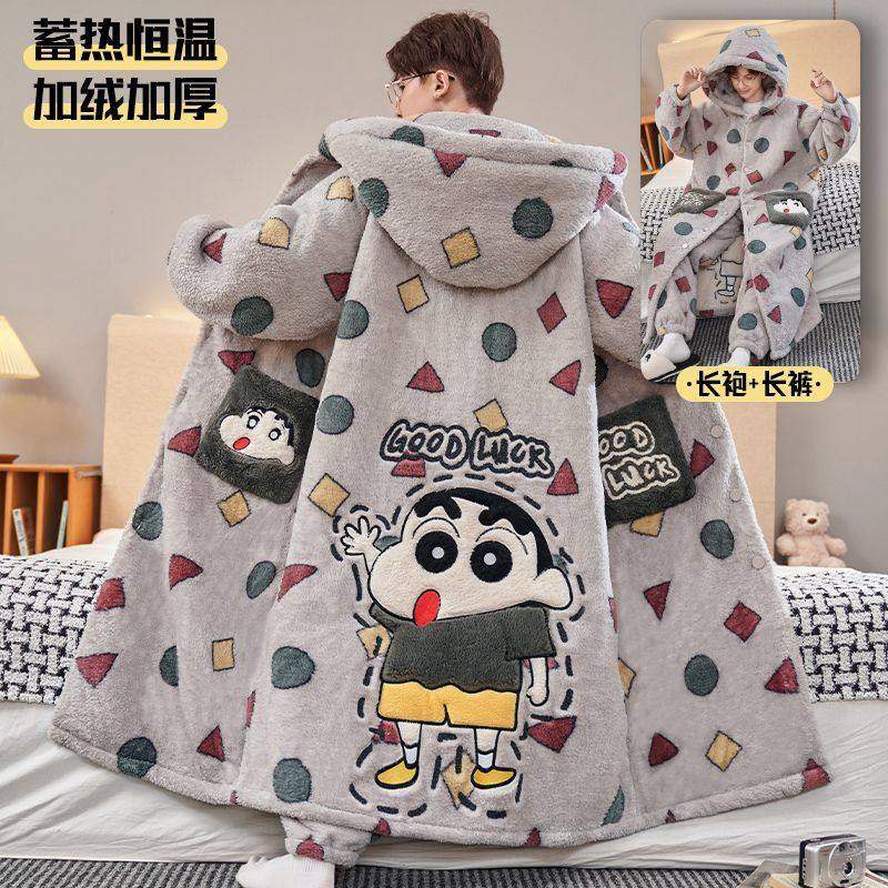 可外穿保暖男款加绒加厚睡袍秋冬季珊瑚绒大码200斤睡衣宽松套装