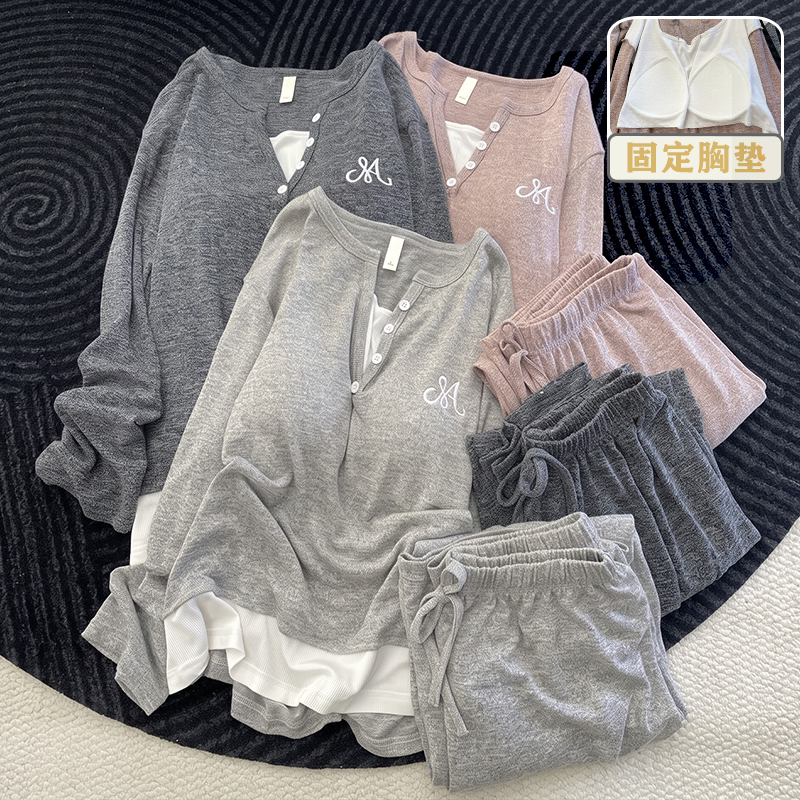 可外穿彩棉色织睡衣长袖女士假两件家居服休闲风套装带胸垫春秋款