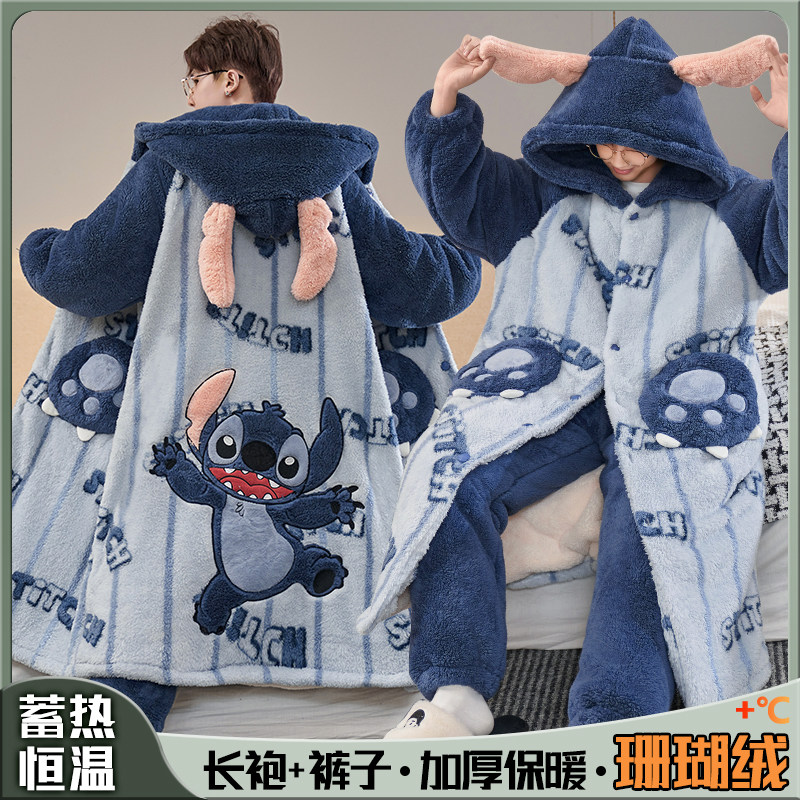 秋冬季加绒加厚男款珊瑚绒睡袍卡通套装大码200斤酷帅可外穿睡衣