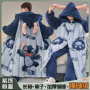 秋冬季加绒加厚男款珊瑚绒睡袍卡通套装大码200斤酷帅可外穿睡衣