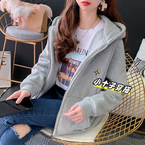 加绒加厚拉链卫衣厚外套女