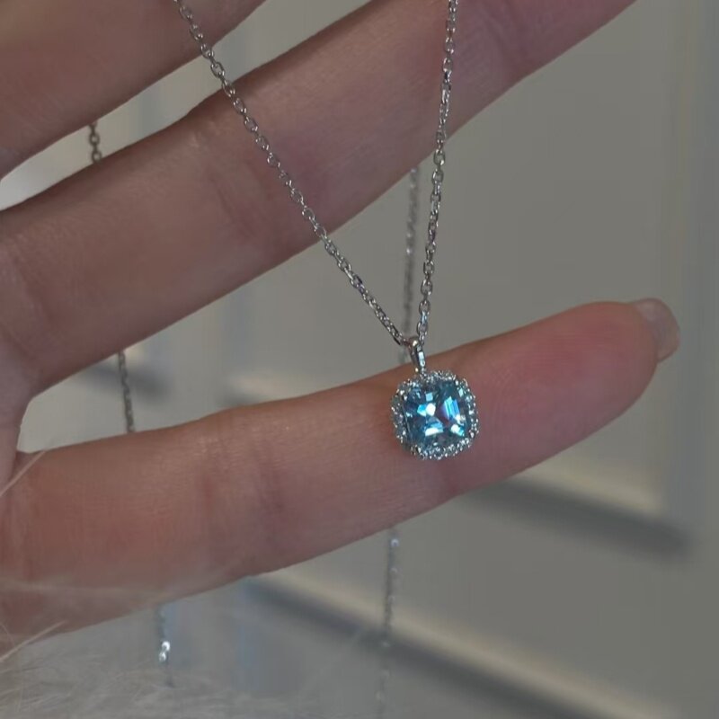 海蓝宝小糖豆钻石项链925纯银女方形镶钻吊坠颈饰珠宝轻奢锁骨链
