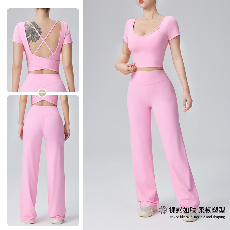 瑜伽服套装女一体杯美背运动短袖高腰阔腿长裤跑步健身两件套图片