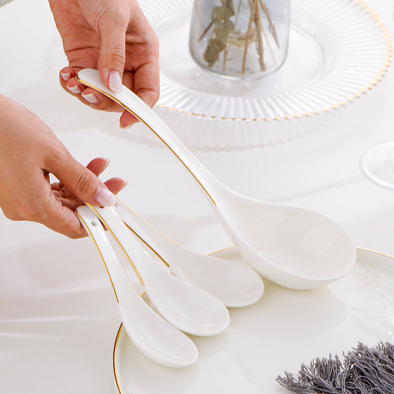 描金骨瓷汤勺家用长柄粥勺饭勺陶瓷调羹汤匙大汤勺餐厅圆头瓷勺子