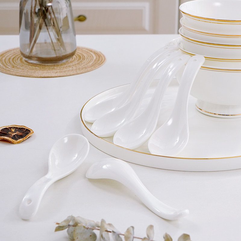 骨瓷简约纯白小汤勺家用饭勺长柄曲把汤勺粥勺陶瓷汤匙调羹圆头勺