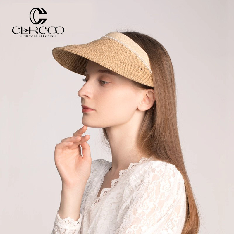 Cercoo/奢蔻优雅纸草编夏防紫外线珍珠遮阳空顶遮脸防晒太阳帽子