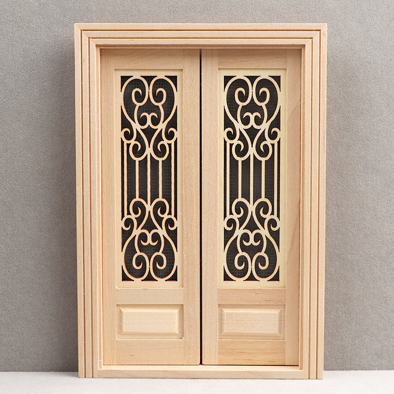 1：12迷你娃娃屋配件窗户门DOLLHOUSE双开木门可自行上色雕花沙门