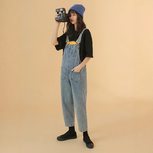 women clothes春秋新款时尚网红学院风牛仔背带裤女韩版宽松港味