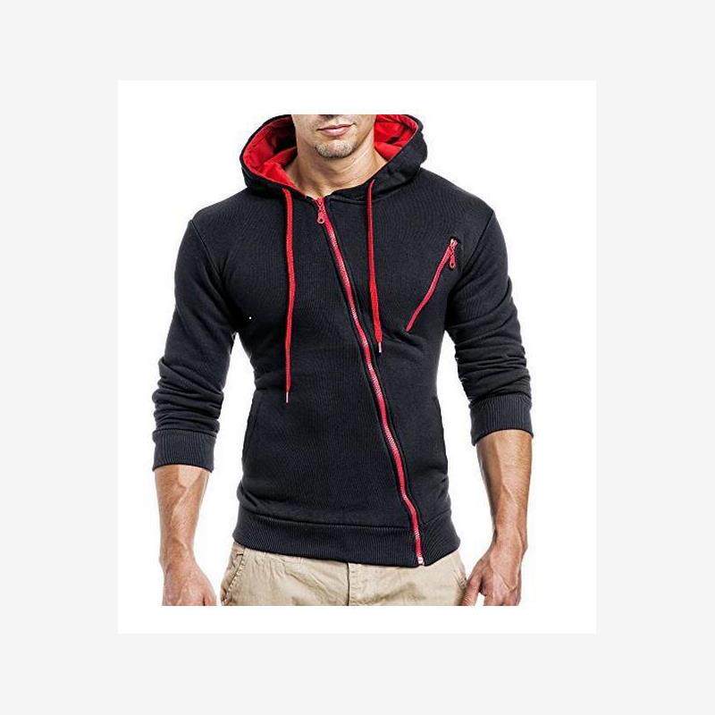 men clothes2017秋冬新款 经典斜拉链连帽 男式休闲修身卫衣 外套