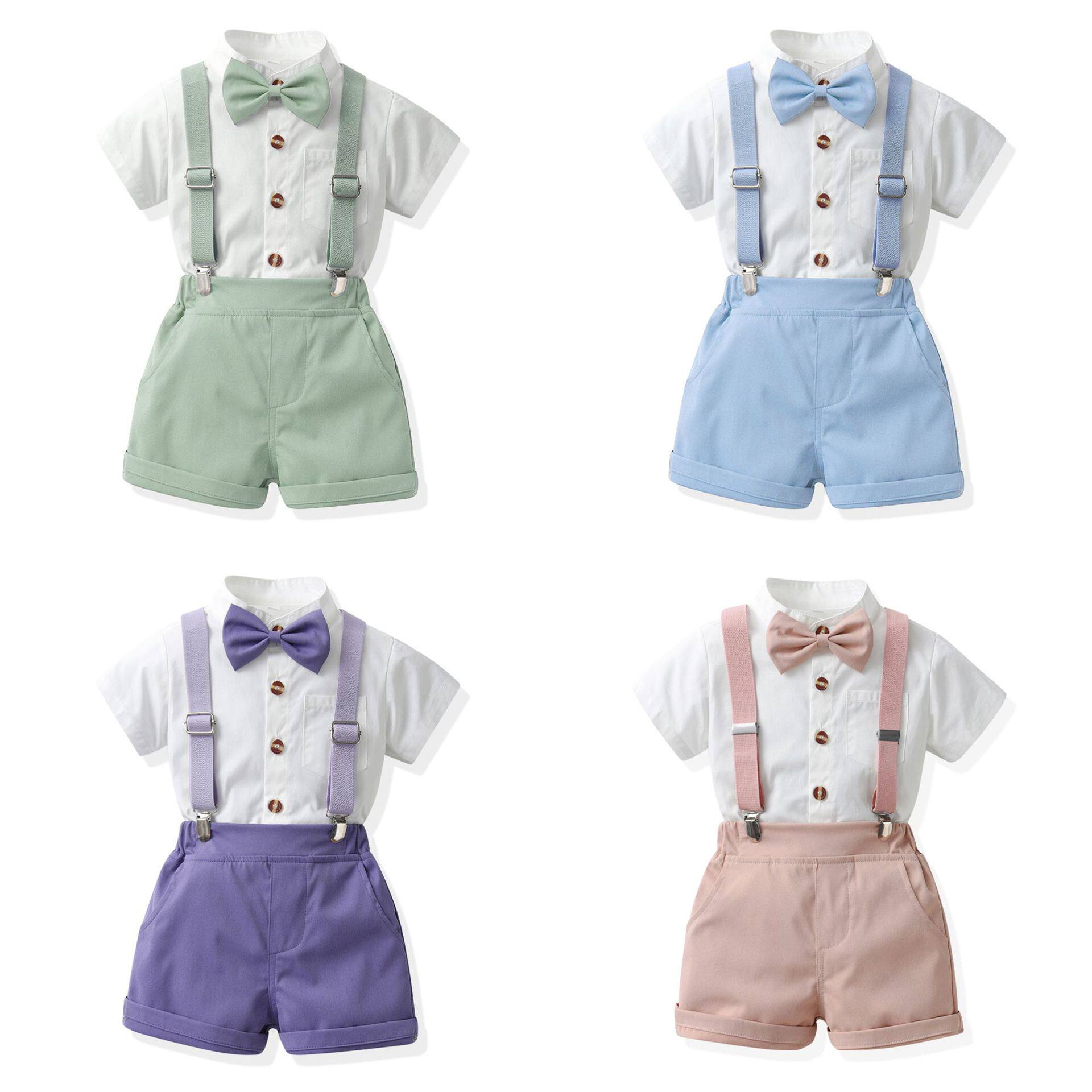 夏季男童主持人服装幼儿园毕业照表演服英伦短袖开衫糖果色背带裤