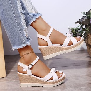 shoes 女士厚底一字扣帶外貿大碼 厚底韓版 露趾夏天 women坡跟涼鞋