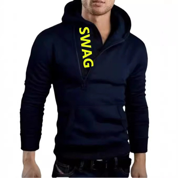 men clothesWish欧码新品男士卫衣 字母LOGO侧拉链男装连帽外套