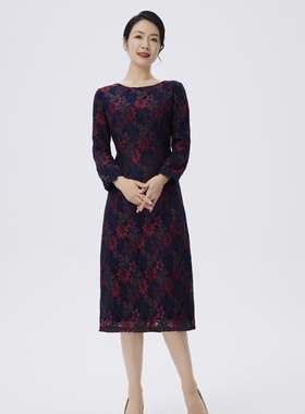 玫而美连衣裙女士蕾丝圆领印花长袖收腰修身优雅春秋长裙子