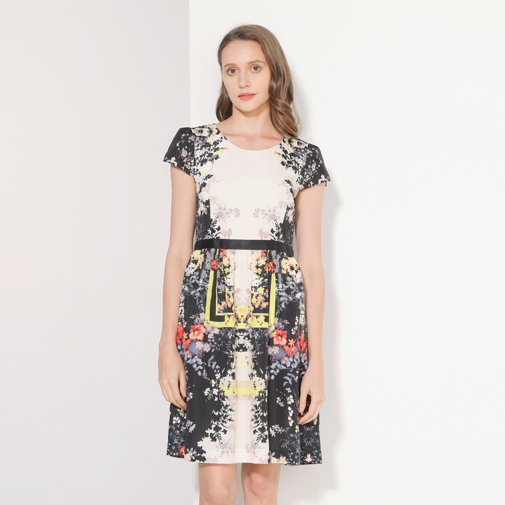 玫而美连衣裙女中长款短袖圆领精美印花显瘦修身通勤简约夏季裙子