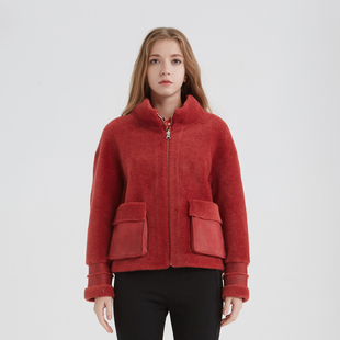 玫而美外套上衣女立领羊毛宽松仿皮毛两面穿加厚冬季 保暖短大衣