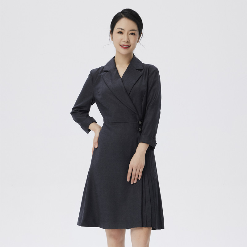 玫而美连衣裙女长袖西装领收腰压褶气质显瘦高档羊毛通勤春秋裙子