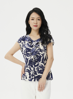 玫而美衬衫女短袖V领修身桑蚕丝印花气质微弹夏季清凉真丝T恤小衫