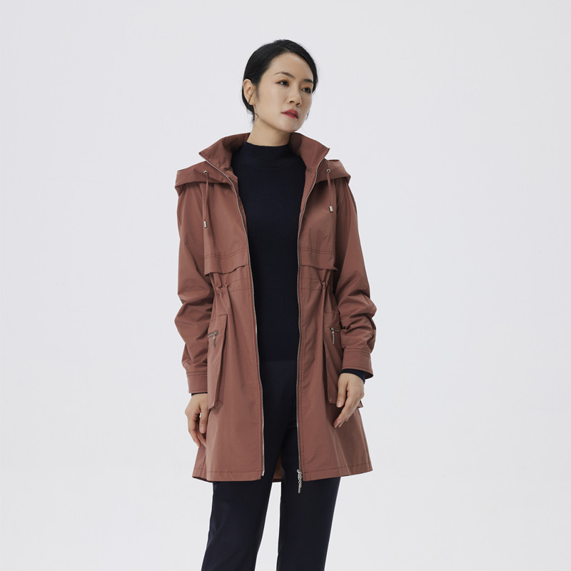 玫而美风衣女士中长款连帽宽松收腰长袖休闲显瘦通勤中年春秋