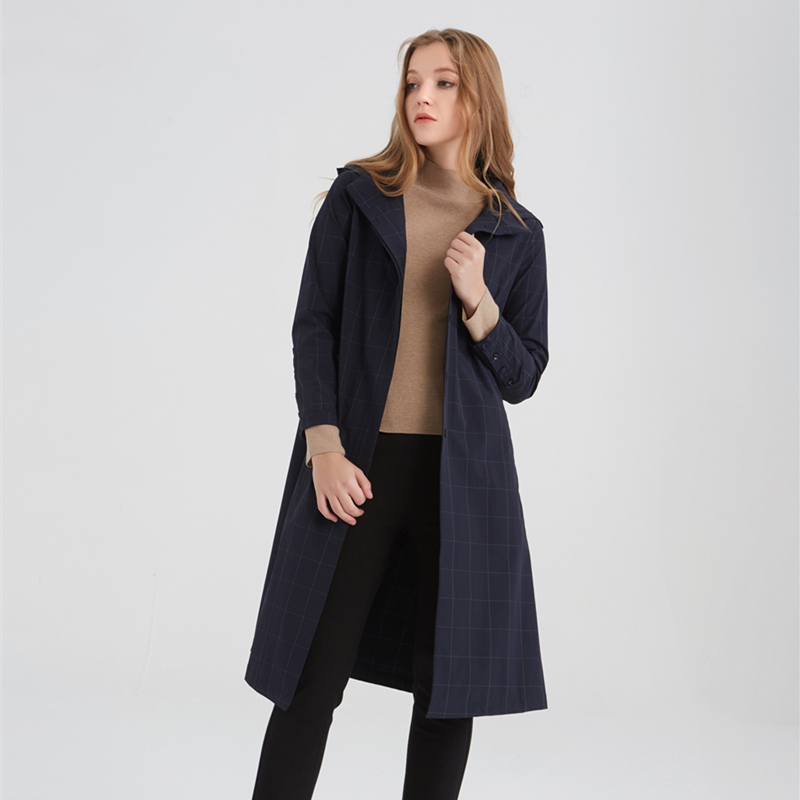 玫而美长袖连帽中长休闲风衣外套