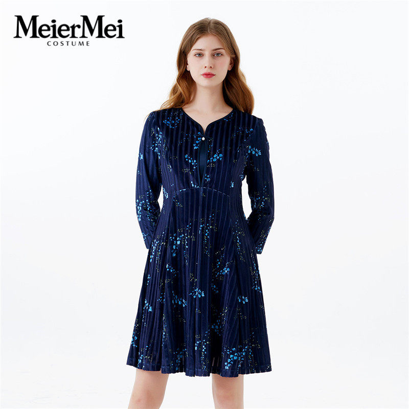 玫而美连衣裙七分袖V领女士时尚气质丝绒印花中年春秋中长裙子,女装/女士精品,连衣裙,淘宝优惠券,粉丝福利购,淘宝优惠卷