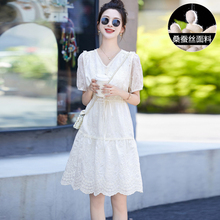 专柜轻奢高端纯色蕾丝拼接仙女裙小个子钉珠刺绣真丝桑蚕丝连衣裙