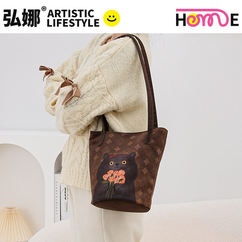 弘娜×一点心意 原创款 复古油画猫咪百搭休闲大容量单肩水桶包AI