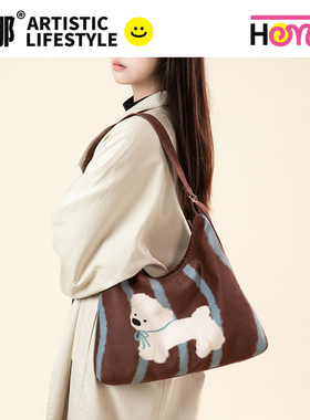 弘娜×一颗仙桃 油画狗狗原创托特包包小众大容量单肩帆布包女AC