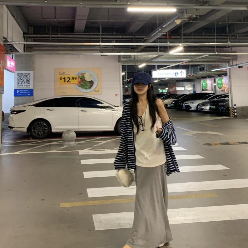 法式慵懒套装撞色条纹长袖开衫外套女夏季高腰灰色半身长裙两件套
