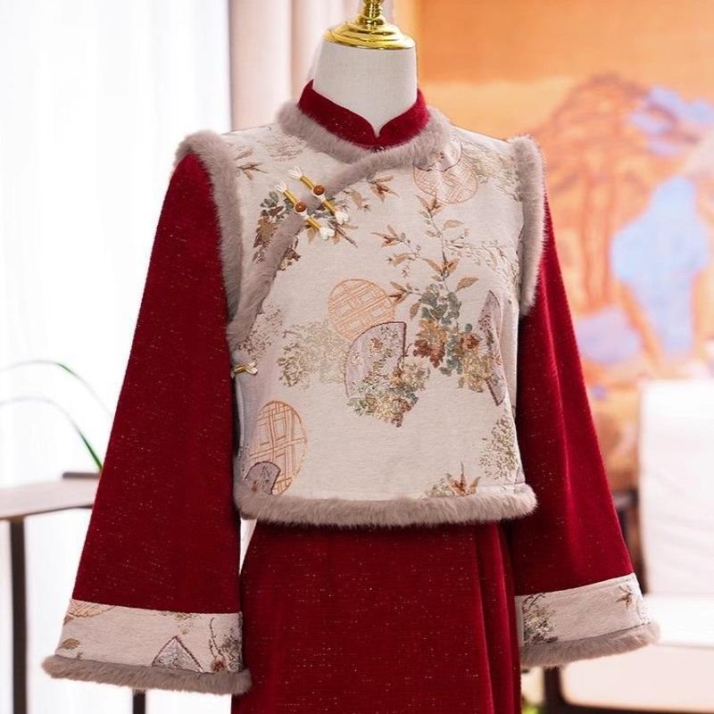 红色国风旗袍秋冬加绒加厚2024新款改良新中式马甲小袄过年服套装