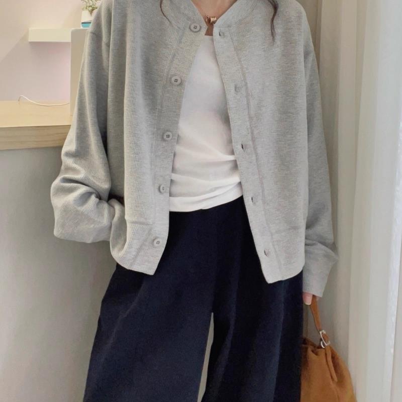 大码韩系华夫格纯色上衣外套春秋胖简约宽松开衫休闲棒球服卫衣