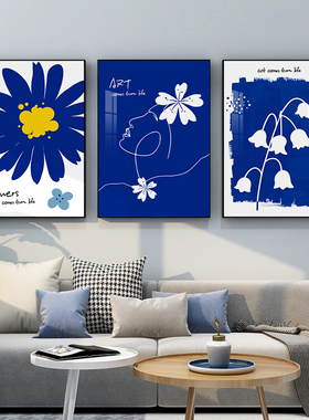 起贝 克莱因蓝装饰画小众挂画蓝色花朵图案抽象现代简约客厅壁画