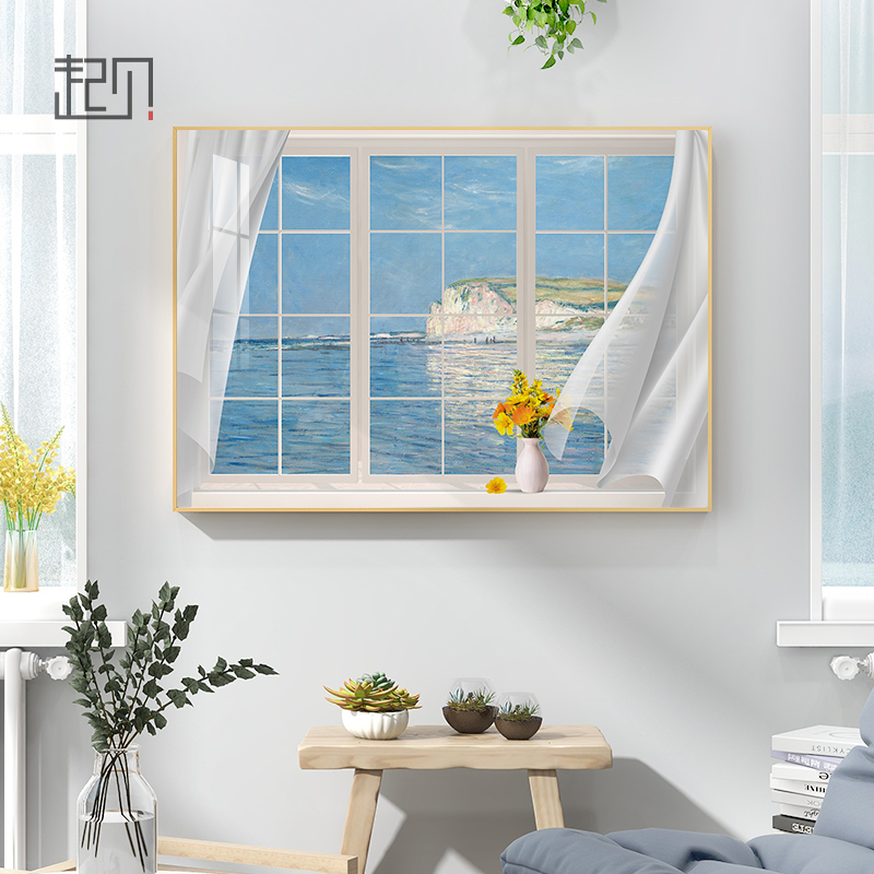 起贝现代简约假窗户装饰画梵高北欧客厅挂画莫奈大海玄关墙面壁画图片