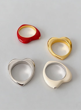 极简珐琅釉个性爱心形戒指女情侣亮光面镶钻桃心指环多色叠戴时尚