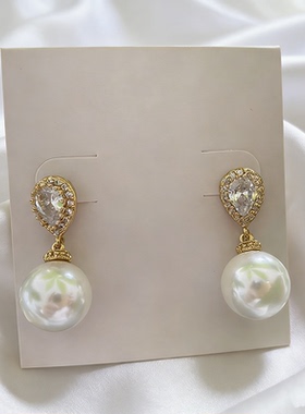 轻奢12mm正圆珍珠水滴镶钻耳环女K系小众设计感气质高级感耳饰潮