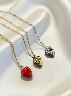 设计师红色珐琅釉爱心18K金项链女锁骨链桃心颈链高级感小众爆款