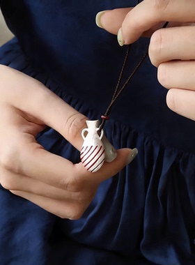 复古多彩珐琅陶罐吊坠项链民族风