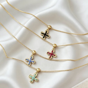 博主豆豆同款彩色撞色十字花金色穿线吊坠项链女抽拉锁骨链轻奢风