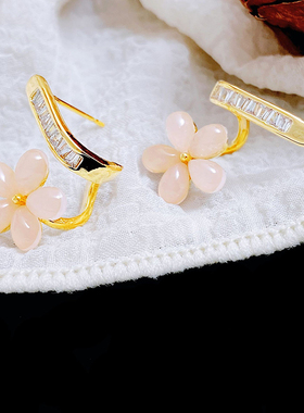 轻奢独特小清新粉色花朵锆石耳钉女银针高级感百搭法式耳环高保色