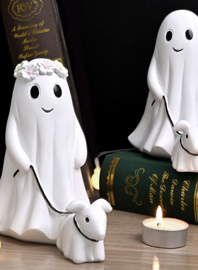 万圣节树脂小幽灵遛狗摆件Ghost Walking Dog Statue家居创意装饰